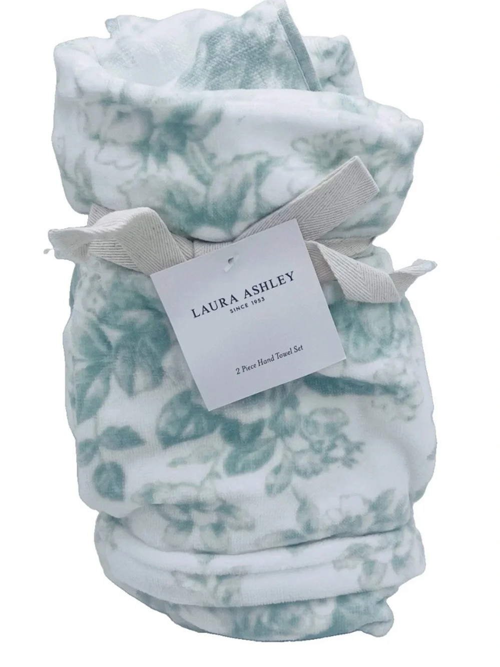 2 Laura Ashley Pale Green & White Floral Toile Velour Cotton HAND Towels NWT